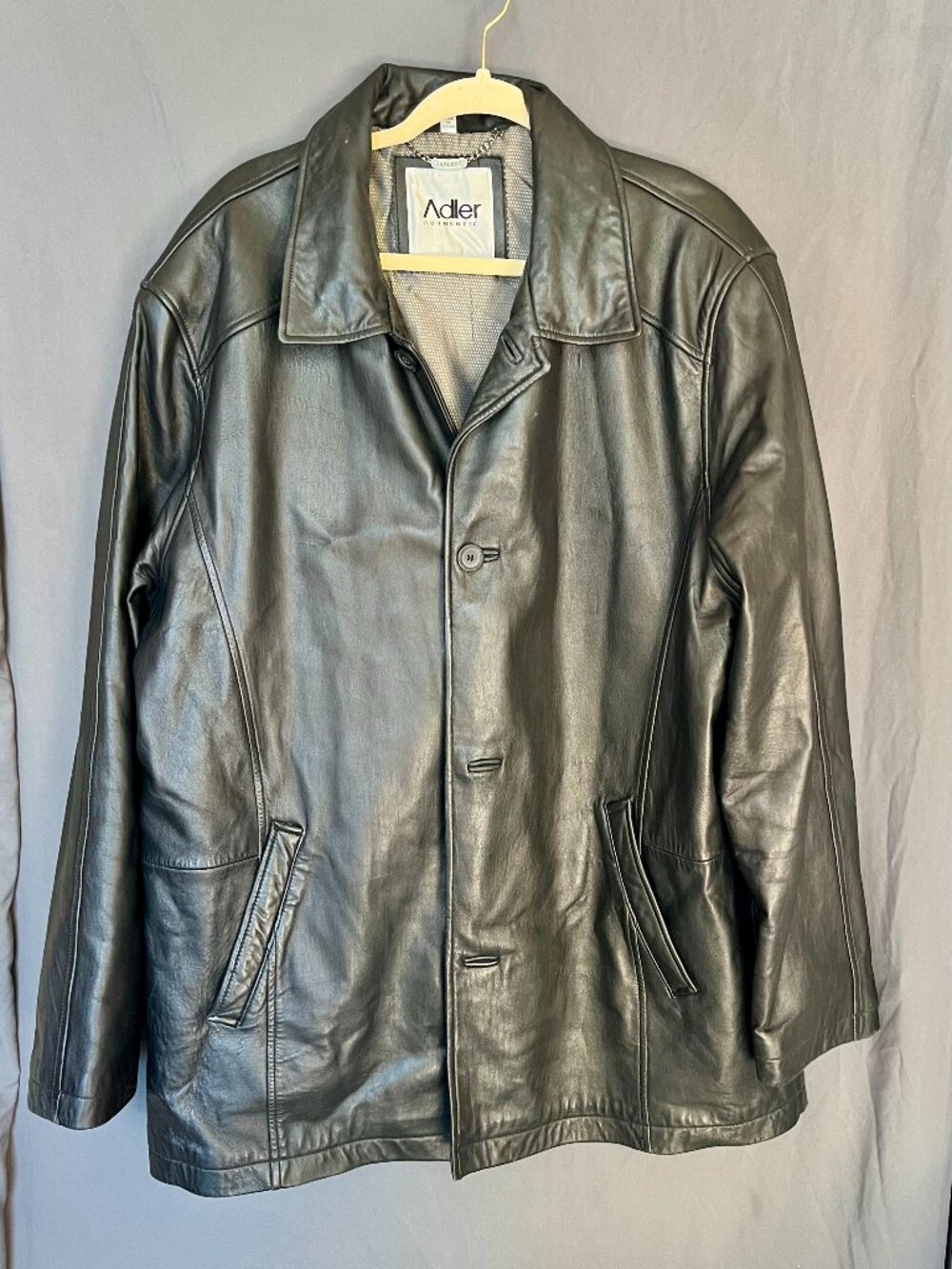 Vintage Adler Collection Long Genuine Leather Coat Size XL Black Button Down